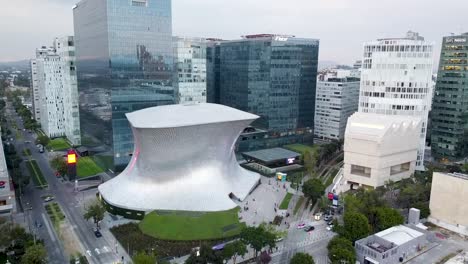 Aerial-view-of-museum-Soumaya-and-museum-Jumex-in-Polanco,-Mexico-City