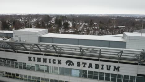 Drone-Flies-Above-Kinnick-Stadium-Press-Booth,-Close-Up