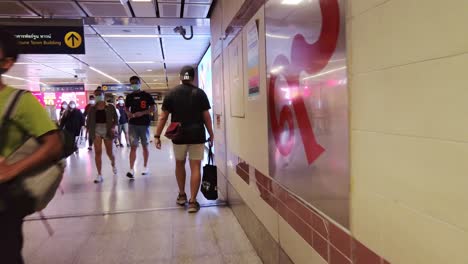 View-while-walking-through-a-subway-station-MRT-Rama-9-in-the-center-of-Bangkok,-Thailand