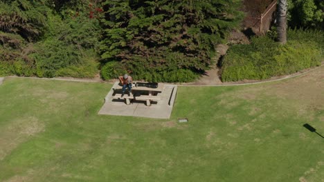 Hombre-Tocando-La-Guitarra-En-Una-Mesa-De-Picnic-De-Hormigón-En-Un-Parque