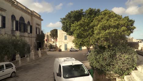 árbol-Que-Crece-En-La-Plaza-Cerca-De-La-Antigua-Casa-De-Piedra-Con-Persianas-Azules-En-Mdina