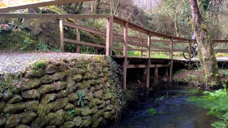 Männlicher-Radfahrer-Fährt-über-Eine-Holzbrücke-Im-Waldpark-In-Ordes