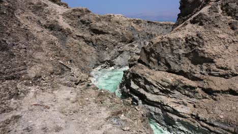 Drone-reveal-of-crystal-clear-hot-spring-waters-running-through-rugged-desert-canyon-landscape-on-a-sunny-day