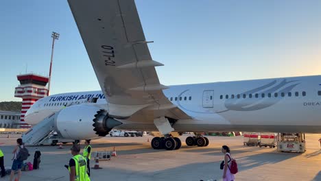 Turkish-Airlines-Airbus-landed-in-international-airport,-big-airplane-in-Turkey,-people-working,-4K-shot