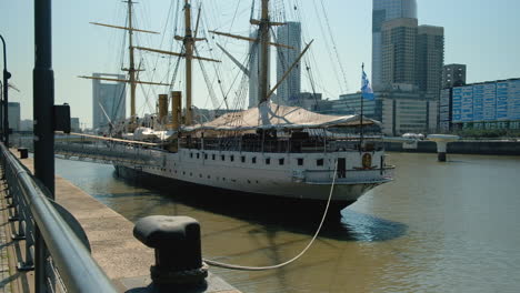 Sarmiento-Frigate-with-Argentinian-flag-in-Buenos-Aires-at-daytime-wide-shot