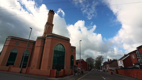 Aerial-view-of-Gilani-Noor-Mosque-in-Longton,-Stoke-on-Trent,-Staffordshire,-the-new-Mosque-being-built-for-the-growing-muslim-community