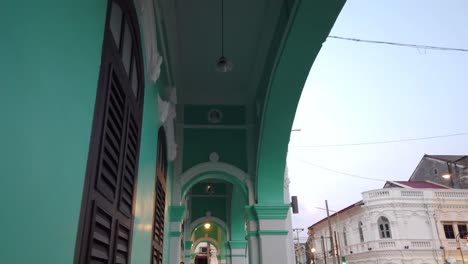 Landscape-view-under-corridor-while-walking-through-the-ancient-old-town-Shino-portuguese-achitecture-building-in-Phuket,Thailand