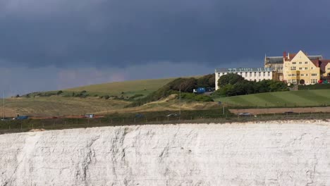 Wide-aerial-profile-view-of-Roedean-School,-situated-on-the-Chalk-cliffs-near-Brighton,-UK