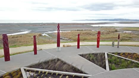 aerial-pan-of-the-Whitinga-pole-inside-the-compass-central-stone-in-Napier,-New-Zealand