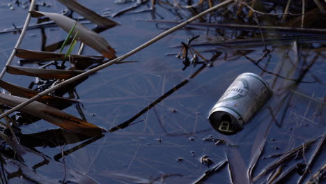 Un-Trago-Medio-De-Una-Vieja-Lata-De-Cerveza-Blanca-Tirada-En-La-Parte-Poco-Profunda-Del-Lago