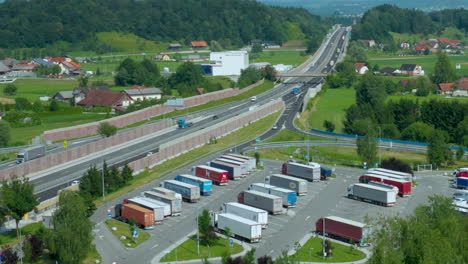 Truck-stop-and-petrol-station-on-highway,-aerial-view,-A1-higway-near-Celje,-Slovenia