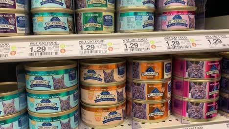 Wet-cat-food-neatly-stacked-on-the-shelf-of-a-newly-renovated-Target-store-in-San-Jose,-California