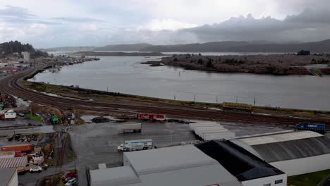 Aerial-View-Of-Empty-Railway-Near-Industrial-Area-In-Coos-Bay,-Oregon