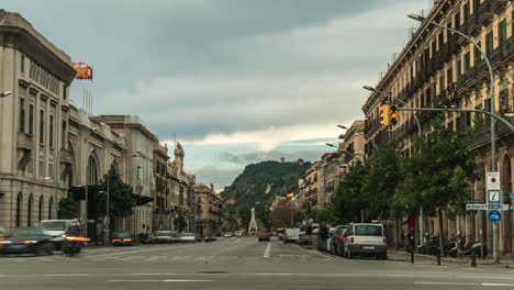 Timelapse-Avinguda-Argentera-Spanish-public-street-cityscape-transport-and-architecture-slow-push-in