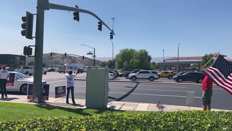 Republican-Mike-Garcia-rally,-US-Congress,-people-holding-signs-and-flags,-California-25th-District-election