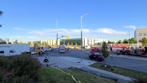 Barricade-Tape-And-Firetrucks-At-The-Car-Crash-Scene-On-The-Road-In-Vaughan,-Canada