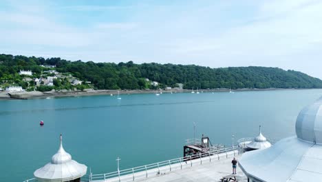 Bangor-Garth-pier-Victorian-ornamental-silver-dome-pavilion-landmark-tourist-aerial-view-seaside-attraction-close-pull-back