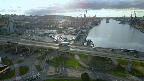 Aerial-view-of-harbor-shipyard-and-traffic-network