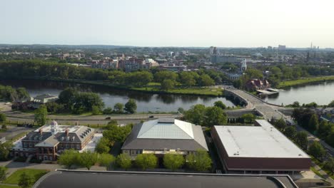 Backwards-Aerial-Reveal-of-Harvard-University-Football-Stadium-on-Summer-Day