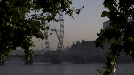 El-Ojo-De-Londres-Y-El-Puente-Vistos-A-Través-De-Los-árboles-Durante-La-Neblina-Del-Amanecer-De-La-Mañana-De-Londres