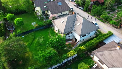 AERIAL---The-scene-of-a-fire-in-Carolusstraße-3,-Oberwaltersdorf,-Austria