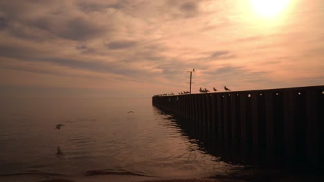 Sea-sunset.-Golden-sea-sunset.-Sunset-sea.-Orange-sunset.-Sea-pier-with-seagulls