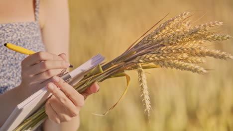 Weibliche-Hand-Hält-Weizenstiel-Und-Schreibt-Notizen.-Agro-Business-Forschung