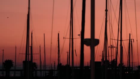 Yachtsilhouette-Im-Hintergrund,-Abendsonnenuntergang-Auf-See.-Yachthafen-Und-Bootsmast