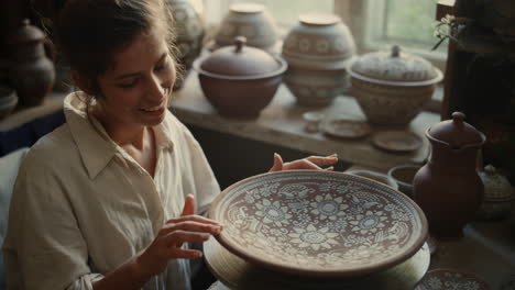 Happy-girl-examining-plate-in-workshop.-Ceramist-playing-with-potters-wheel