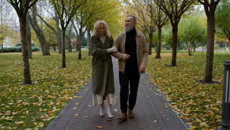 Wide-shot-of-senior-romantic-couple-walking-in-relaxed-atmosphere-in-park.