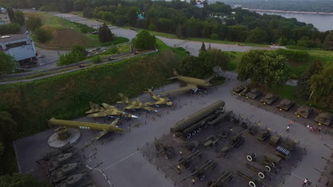 Military-museum-exhibits-Victory-park-Kyiv-city.-Aerial-view-Kiev-Pechersk-lavra
