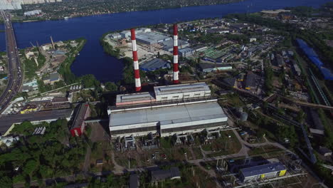 Industrial-pipe-on-power-plant-in-city.-Aerial-view-industrial-district-in-city