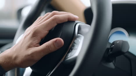 Nervous-unrecognized-driver-beeping-in-car.-Closeup-male-hand-pushing-horn