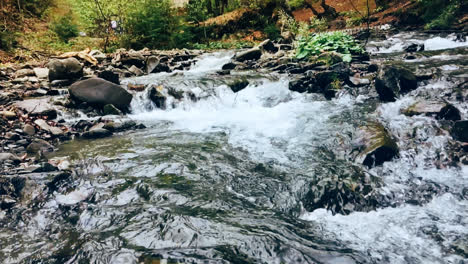 Kristallgebirgsfluss-Im-Tiefen-Wald.-Langsamer-Schäumender-Wasserstrahl