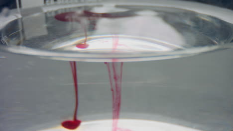 Closeup-drops-of-blood-falling-in-water.-Laboratory-glassware-with-blood