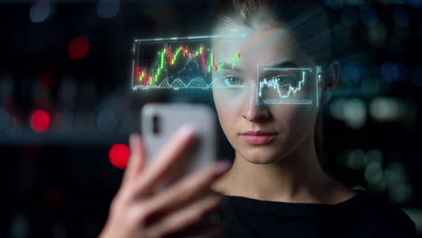 Woman-phone-diagram-holograms-display-process-collecting-financial-data-closeup