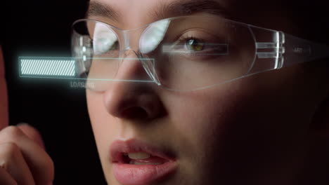 Futuristic-glasses-diagram-hologram-vision-woman-analysing-connection-in-system