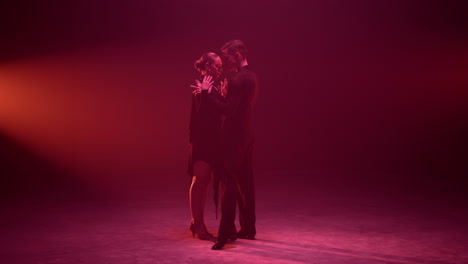 Young-dancers-standing-on-stage.-Sensual-dance-couple-embracing-indoors.
