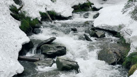 Hermoso-Flujo-De-Agua-Del-Río-Y-Nieve-En-Invierno.-Río-De-Montaña-Y-Colinas-Nevadas.
