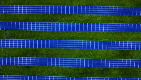 Vista-Superior-Filas-De-Paneles-Solares-Azules-Sobre-Hierba-Verde.-Granja-De-Baterías-Solares.-Energía