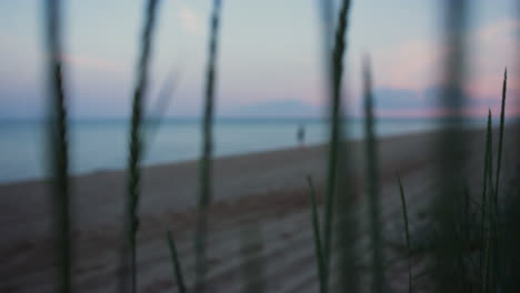 Woman-silhouette-walking-sea-sand-beach-coastline-in-dusk-evening-sunset