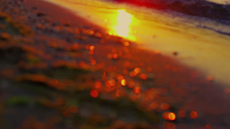 Sun-light-reflection-in-sea-waves-splashing-golden-sand-coast-at-sunset-evening