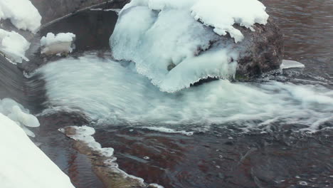 Eisbedeckter-Stein.-Wasser-Fließt-Im-Winter-In-Der-Nähe-Von-Stein.-Nahaufnahme.-Winterfluss