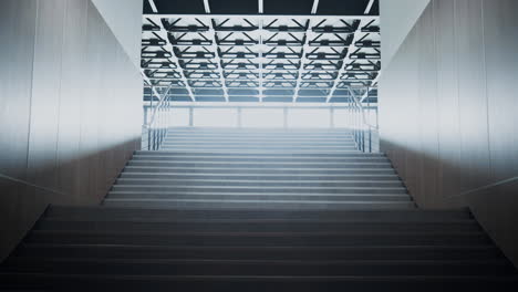 Escalera-Vacía-De-La-Escuela-Que-Conduce-A-Un-Gran-Salón.-Escalera-Limpia-Con-Vista-A-Barandillas.