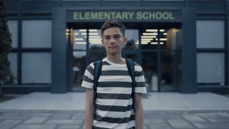 Closeup-serious-teen-boy-standing-at-schoolyard.-Tensed-schoolboy-posing-alone.