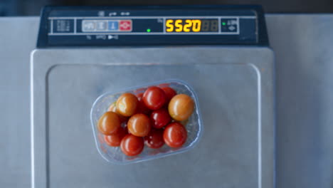 Unbekannter-Arbeiter,-Der-Tomaten-Gewichtet-Und-Rote-Bio-Gemüseschachtel-Verpackt