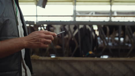 Farmer-hands-holding-tablet-computer-closeup.-Livestock-owner-walking-cowshed.