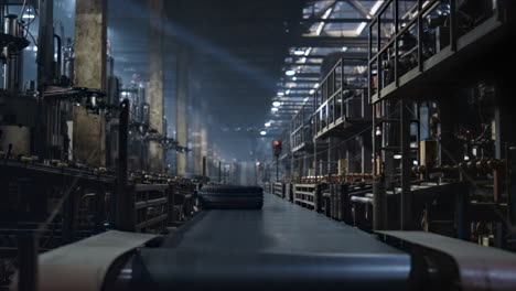Closeup-tyre-factory-conveyor-moving-production-at-automotive-automated-workshop