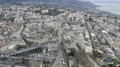 Drone-Aerial-of-the-swiss-town-and-the-cathedral-of-Lausanne