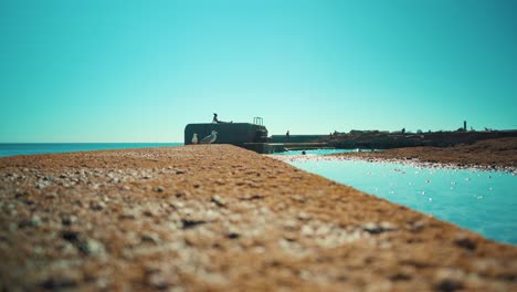 Salt-water-swimming-pool-at-shoreline,-with-teens-and-seagulls-at-sunshine-wide-angle-4K